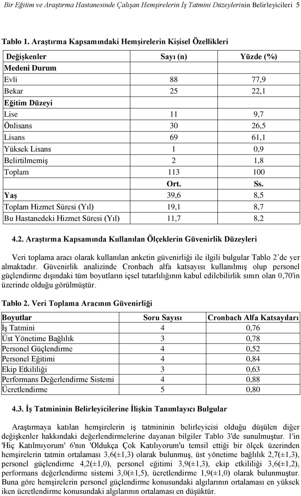 1 0,9 Belirtilmemiş 2 1,8 Toplam 113 100 Ort. Ss. Yaş 39,6 8,5 Toplam Hizmet Süresi (Yıl) 19,1 8,7 Bu Hastanedeki Hizmet Süresi (Yıl) 11,7 8,2 4.2. Araştırma Kapsamında Kullanılan Ölçeklerin Güvenirlik Düzeyleri Veri toplama aracı olarak kullanılan anketin güvenirliği ile ilgili bulgular Tablo 2 de yer almaktadır.