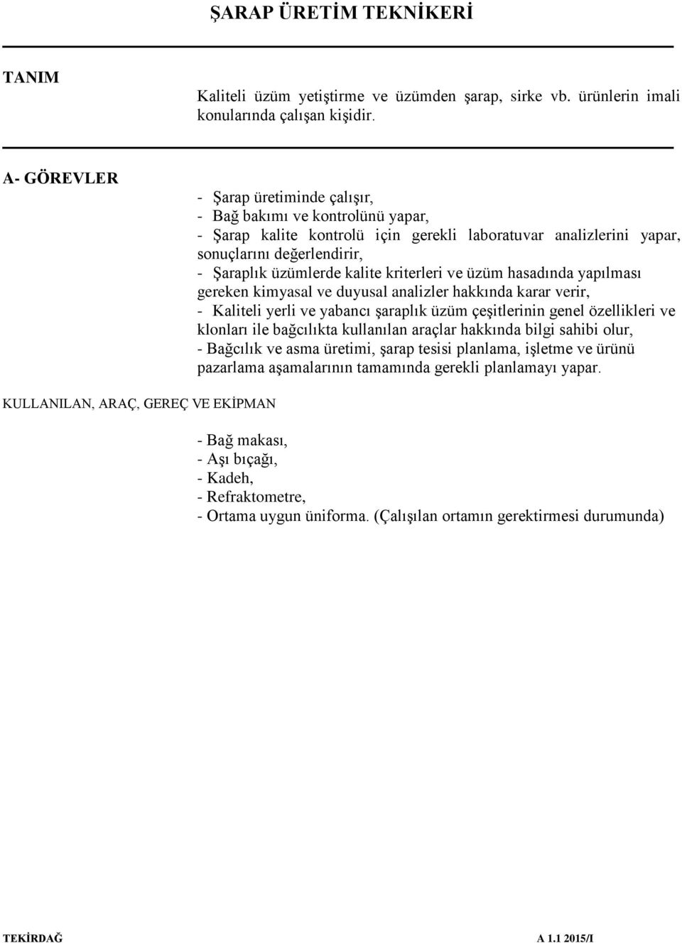 kriterleri ve üzüm hasadında yapılması gereken kimyasal ve duyusal analizler hakkında karar verir, - Kaliteli yerli ve yabancı şaraplık üzüm çeşitlerinin genel özellikleri ve klonları ile bağcılıkta