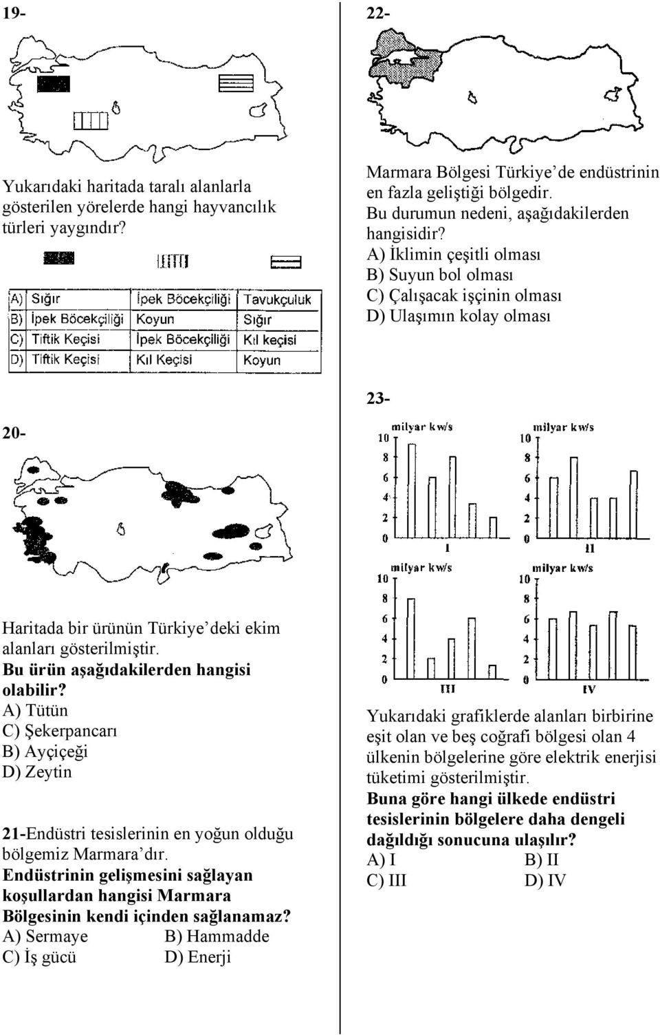 A) İklimin çeşitli olması B) Suyun bol olması C) Çalışacak işçinin olması D) Ulaşımın kolay olması 20-22- 23-19- Haritada bir ürünün Türkiye deki ekim alanları gösterilmiştir.