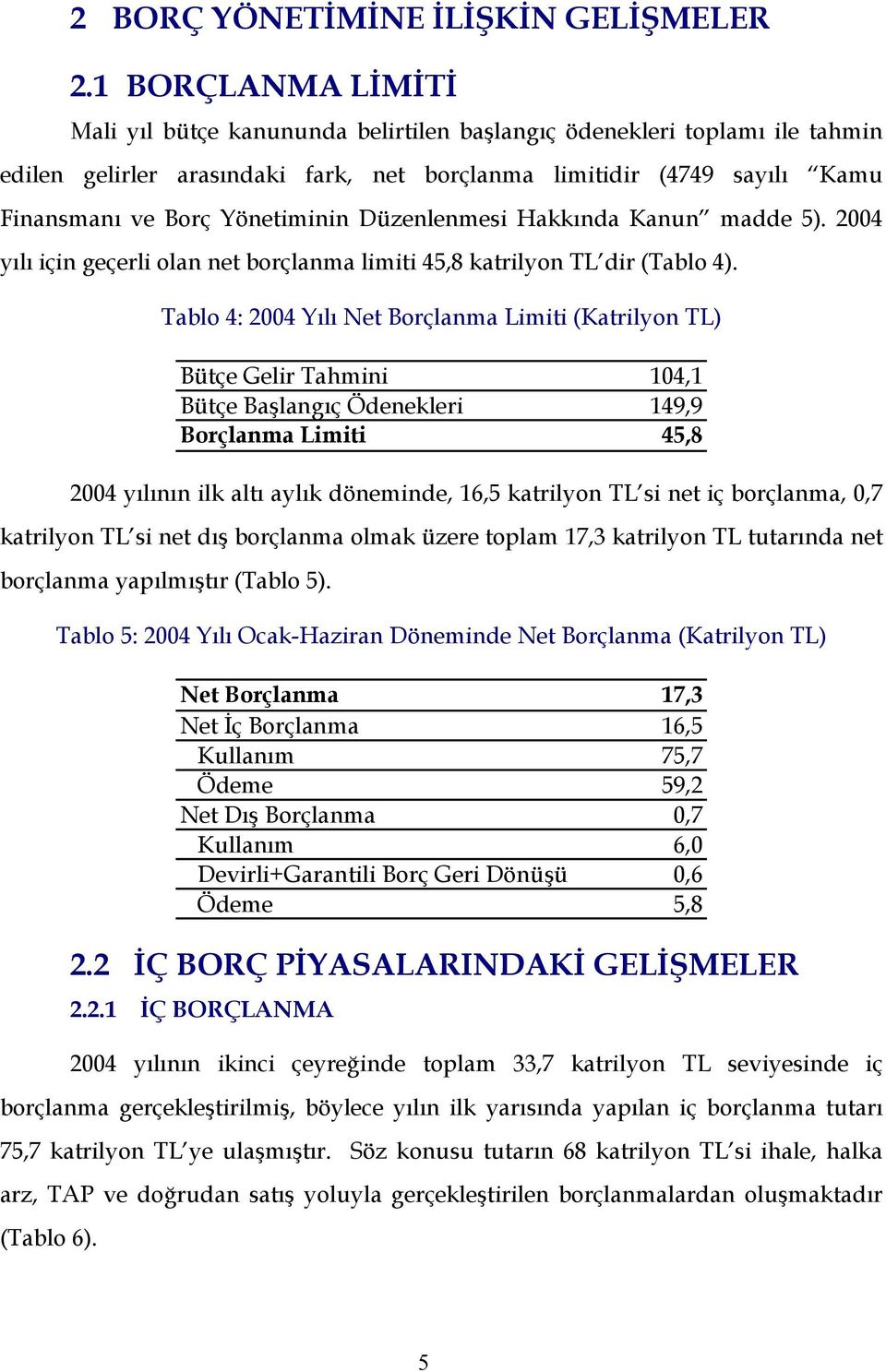 Yönetiminin Düzenlenmesi Hakkında Kanun madde 5). 2004 yılı için geçerli olan net borçlanma limiti 45,8 katrilyon TL dir (Tablo 4).