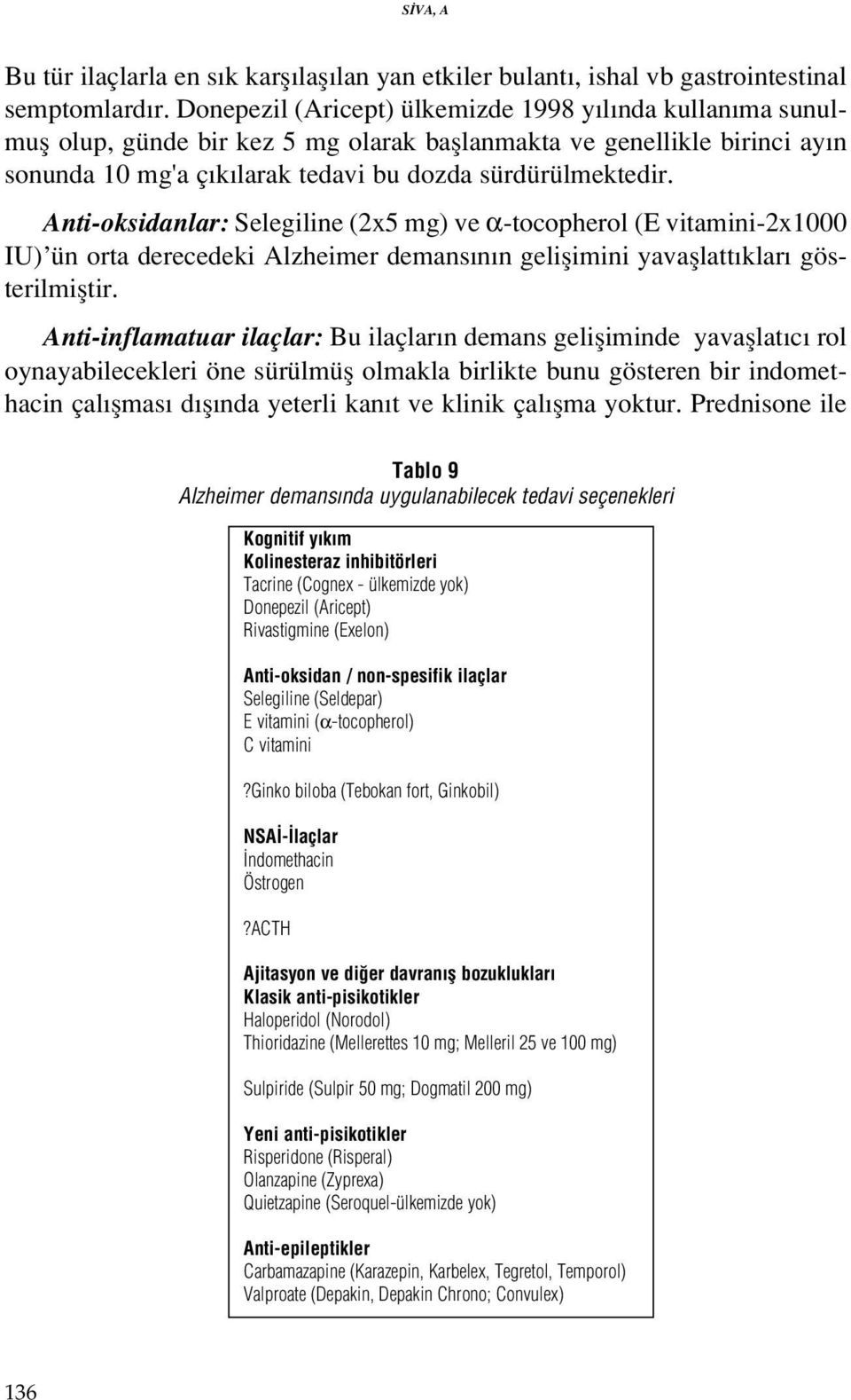 Anti-oksidanlar: Selegiline (2x5 mg) ve α-tocopherol (E vitamini-2x1000 IU) ün orta derecedeki Alzheimer demans n n geliflimini yavafllatt klar gösterilmifltir.