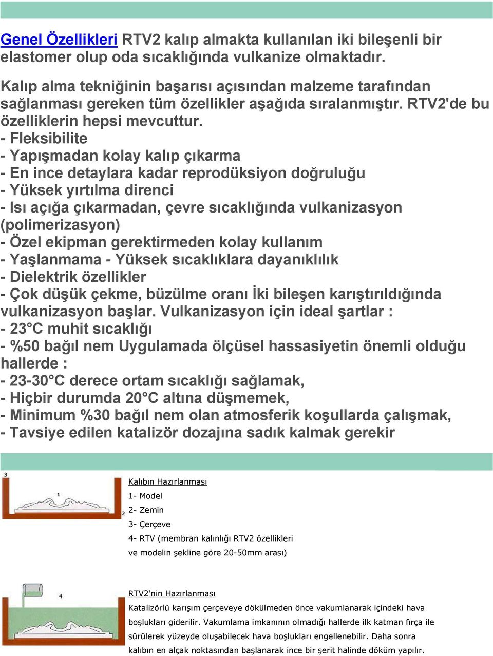 - Fleksibilite - Yapışmadan kolay kalıp çıkarma - En ince detaylara kadar reprodüksiyon doğruluğu - Yüksek yırtılma direnci - Isı açığa çıkarmadan, çevre sıcaklığında vulkanizasyon (polimerizasyon) -