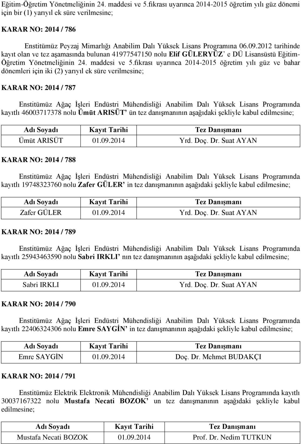 2012 tarihinde kayıt olan ve tez aşamasında bulunan 41977547150 nolu Elif GÜLERYÜZ e DÜ Lisansüstü Eğitim- Öğretim Yönetmeliğinin 24. maddesi ve 5.