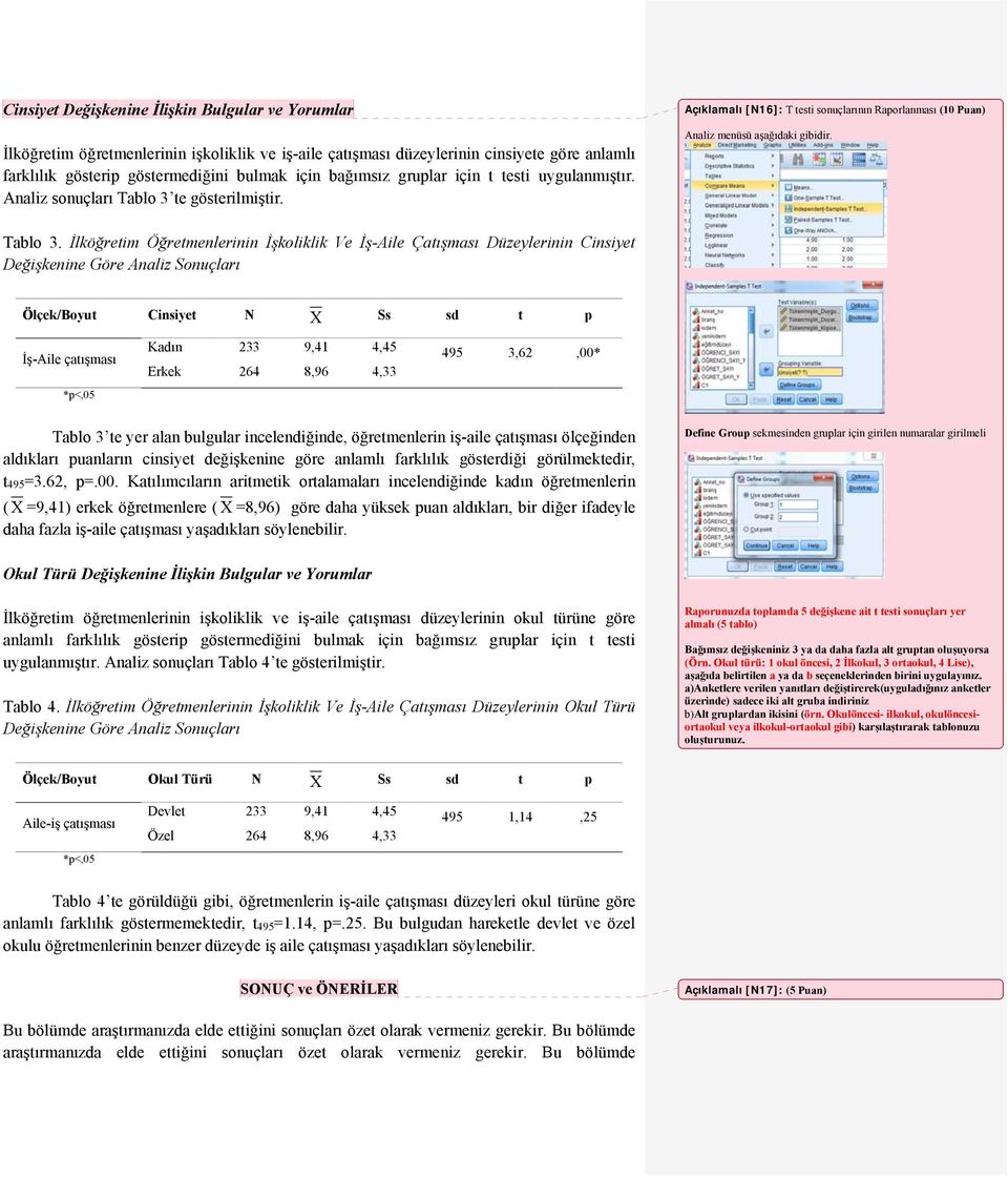 te gösterilmiştir. Açıklamalı [N16]: T testi sonuçlarının Raporlanması (10 Puan) Analiz menüsü aşağıdaki gibidir. Tablo 3.