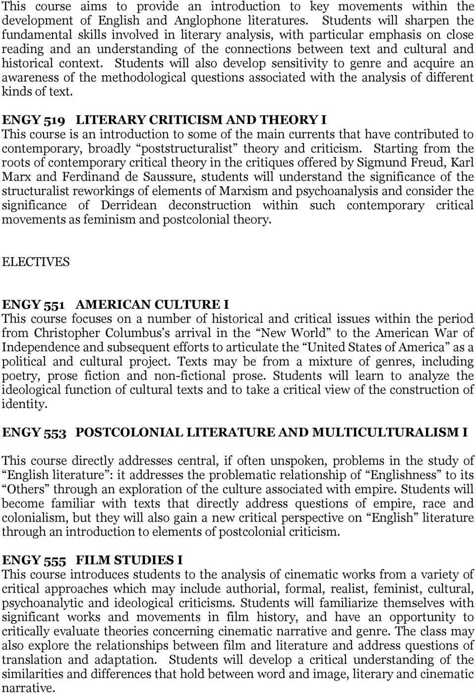 context. Students will also develop sensitivity to genre and acquire an awareness of the methodological questions associated with the analysis of different kinds of text.