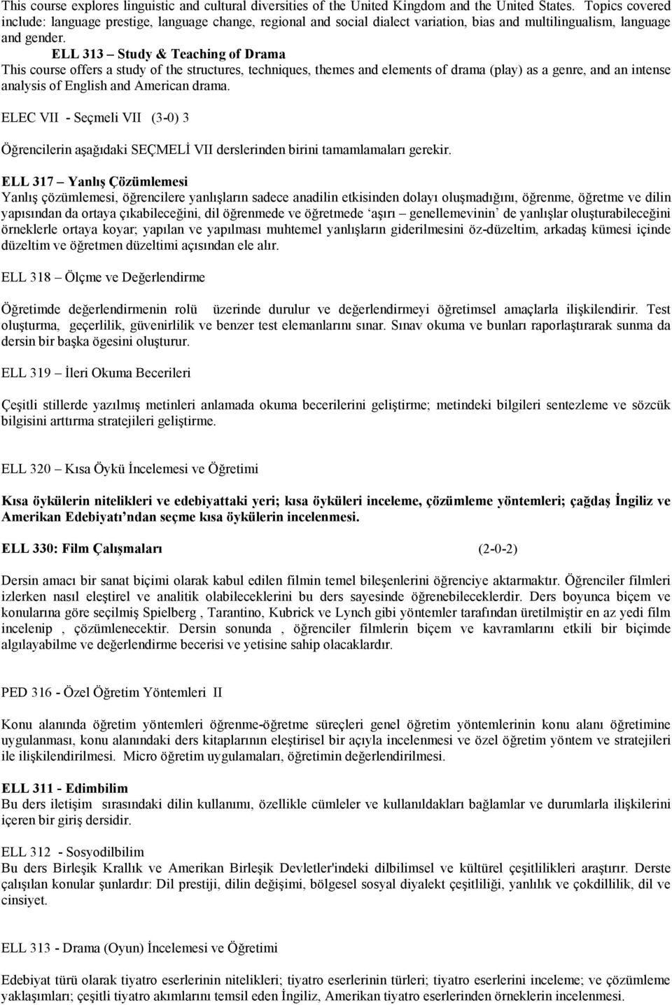 ELL 313 Study & Teaching of Drama This course offers a study of the structures, techniques, themes and elements of drama (play) as a genre, and an intense analysis of English and American drama.