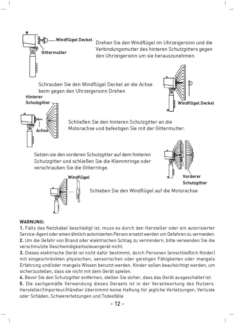 befestigen Sie mit der Gittermutter. Setzen sie den vorderen Schutzgitter auf dem hinteren Schutzgitter und schließen Sie die Klemmringe oder verschrauben Sie die Gitterringe.