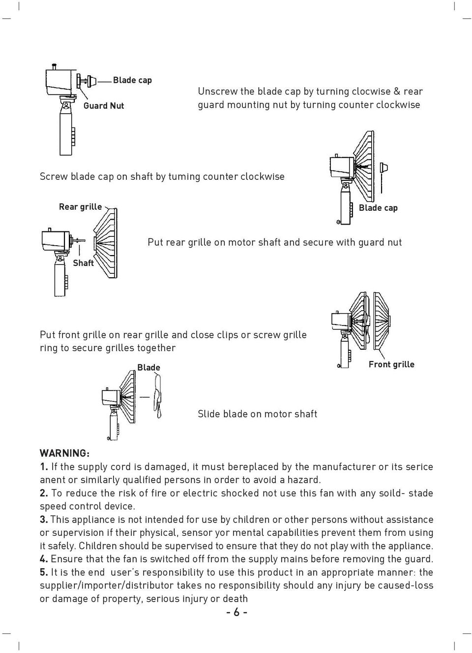 shaft WARNING: 1. If the supply cord is damaged, it must bereplaced by the manufacturer or its serice anent or similarly qualified persons in order to avoid a hazard. 2.