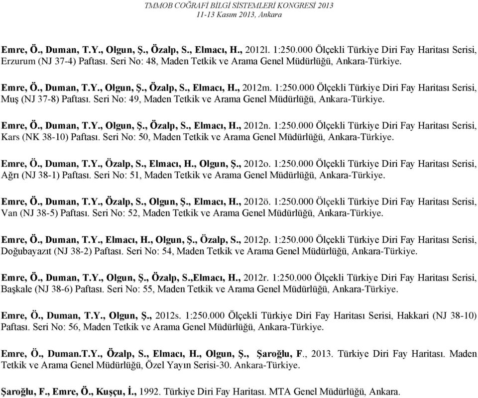 000 Ölçekli Türkiye Diri Fay Haritası Serisi, Muş (NJ 37-8) Paftası. Seri No: 49, Maden Tetkik ve Arama Genel Müdürlüğü, Ankara-Türkiye. Emre, Ö., Duman, T.Y., Olgun, Ş., Özalp, S., Elmacı, H., 2012n.