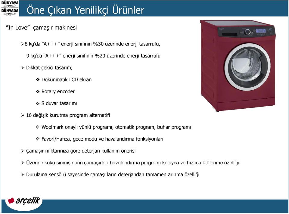 programı, otomatik program, buhar programı Favori/Hafıza, gece modu ve havalandırma fonksiyonları ÇamaĢır miktarınıza göre deterjan kullanım önerisi Üzerine