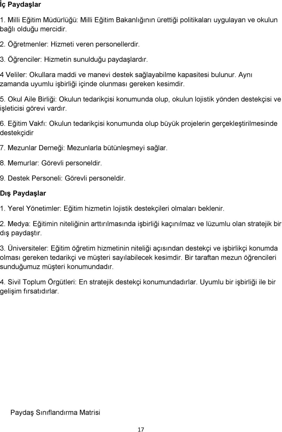 Okul Aile Birliği: Okulun tedarikçisi konumunda olup, okulun lojistik yönden destekçisi ve işleticisi görevi vardır. 6.