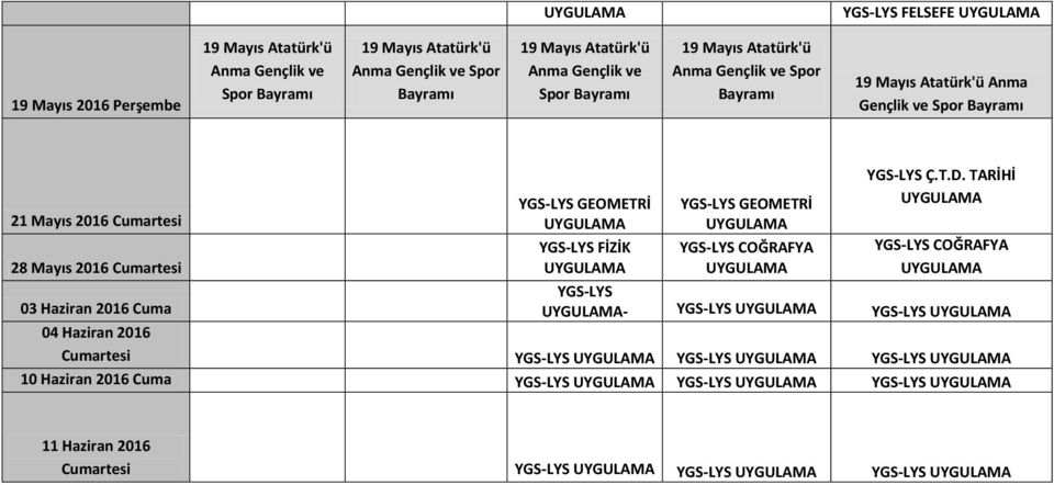 Spor Bayramı 19 Mayıs Atatürk'ü Anma Gençlik ve Spor Bayramı 21 Mayıs 2016 Cumartesi 28 Mayıs 2016 Cumartesi