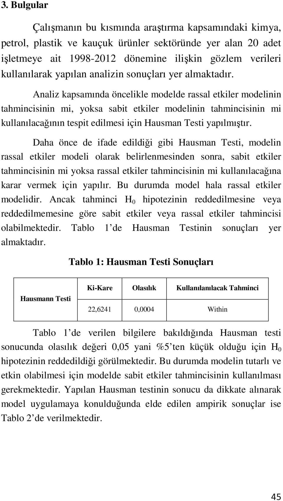 Analiz kapsamında öncelikle modelde rassal etkiler modelinin tahmincisinin mi, yoksa sabit etkiler modelinin tahmincisinin mi kullanılacağının tespit edilmesi için Hausman Testi yapılmıştır.