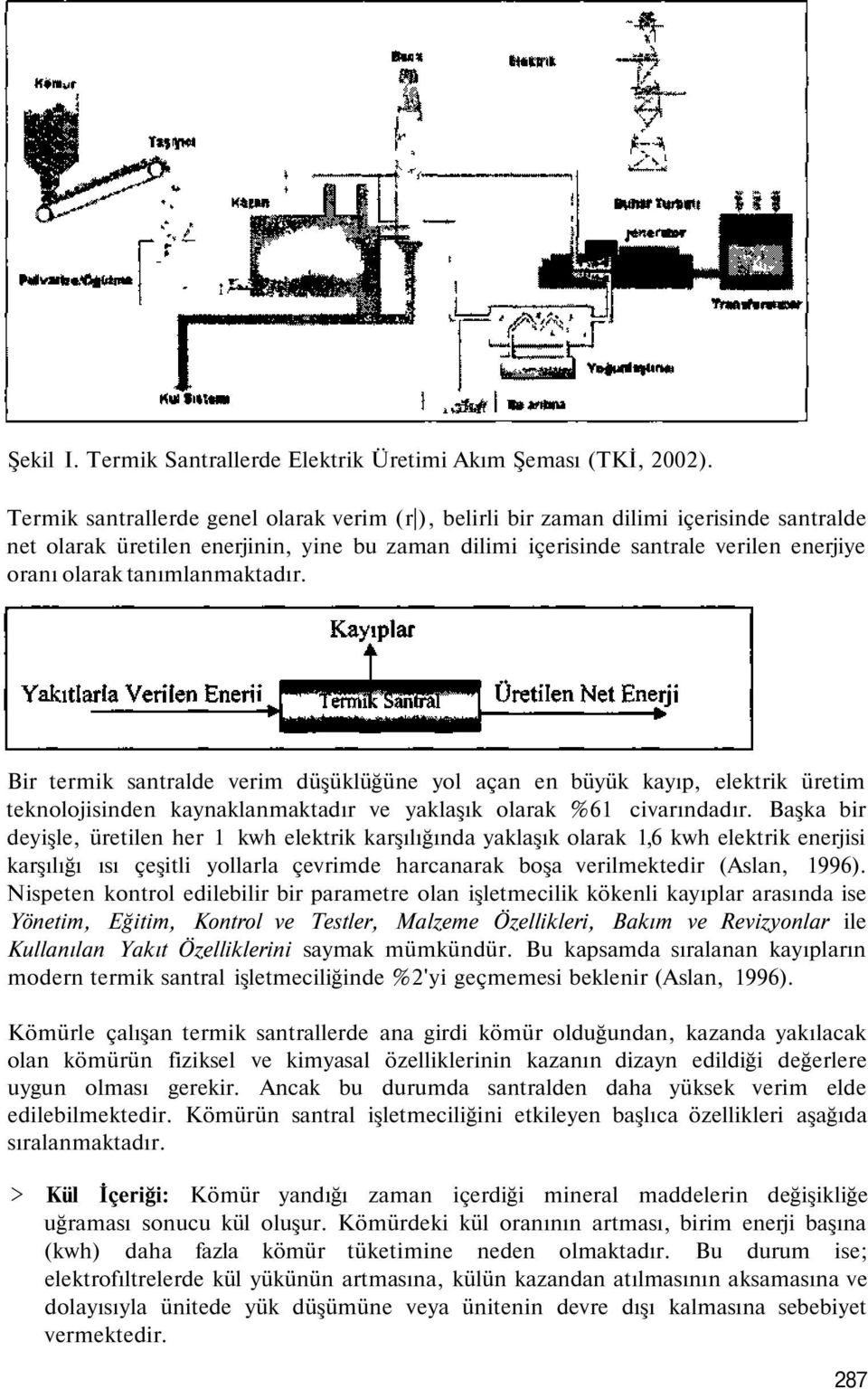 tanımlanmaktadır. Bir termik santralde verim düşüklüğüne yol açan en büyük kayıp, elektrik üretim teknolojisinden kaynaklanmaktadır ve yaklaşık olarak %61 civarındadır.