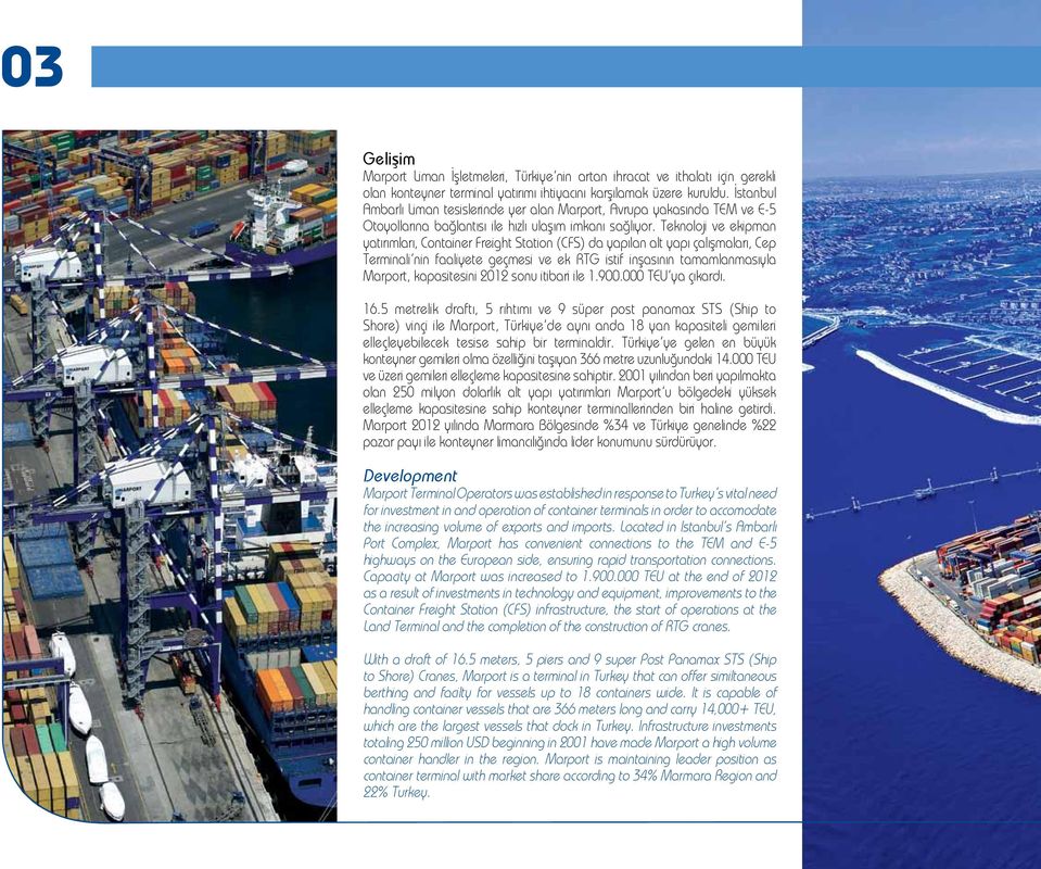 Teknoloji ve ekipman yatırımları, Container Freight Station (CFS) da yapılan alt yapı çalışmaları, Cep Terminali nin faaliyete geçmesi ve ek RTG istif inşasının tamamlanmasıyla Marport, kapasitesini