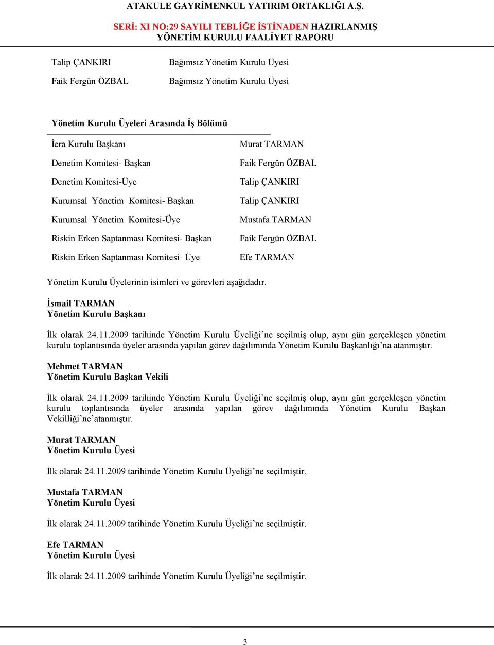 ÇANKIRI Mustafa TARMAN Faik Fergün ÖZBAL Efe TARMAN Yönetim Kurulu Üyelerinin isimleri ve görevleri aşağıdadır. İsmail TARMAN Yönetim Kurulu Başkanı İlk olarak 24.11.