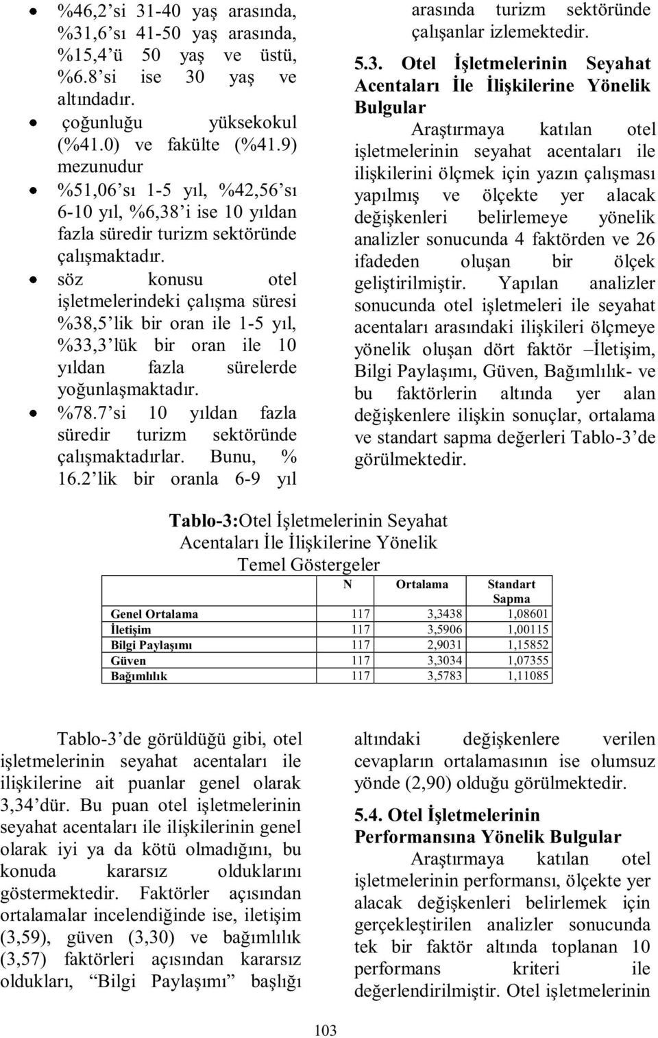 söz konusu otel işletmelerindeki çalışma süresi %38,5 lik bir oran ile 1-5 yıl, %33,3 lük bir oran ile 10 yıldan fazla sürelerde yoğunlaşmaktadır. %78.