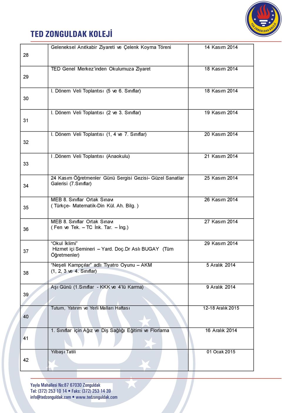 Dönem Veli Toplantısı (Anaokulu) 21 Kasım 2014 34 35 24 Kasım Öğretmenler Günü Sergisi Gezisi- Güzel Sanatlar Galerisi (7.Sınıflar) MEB 8. Sınıflar Ortak Sınavı ( Türkçe- Matematik-Din Kül. Ah. Bilg.