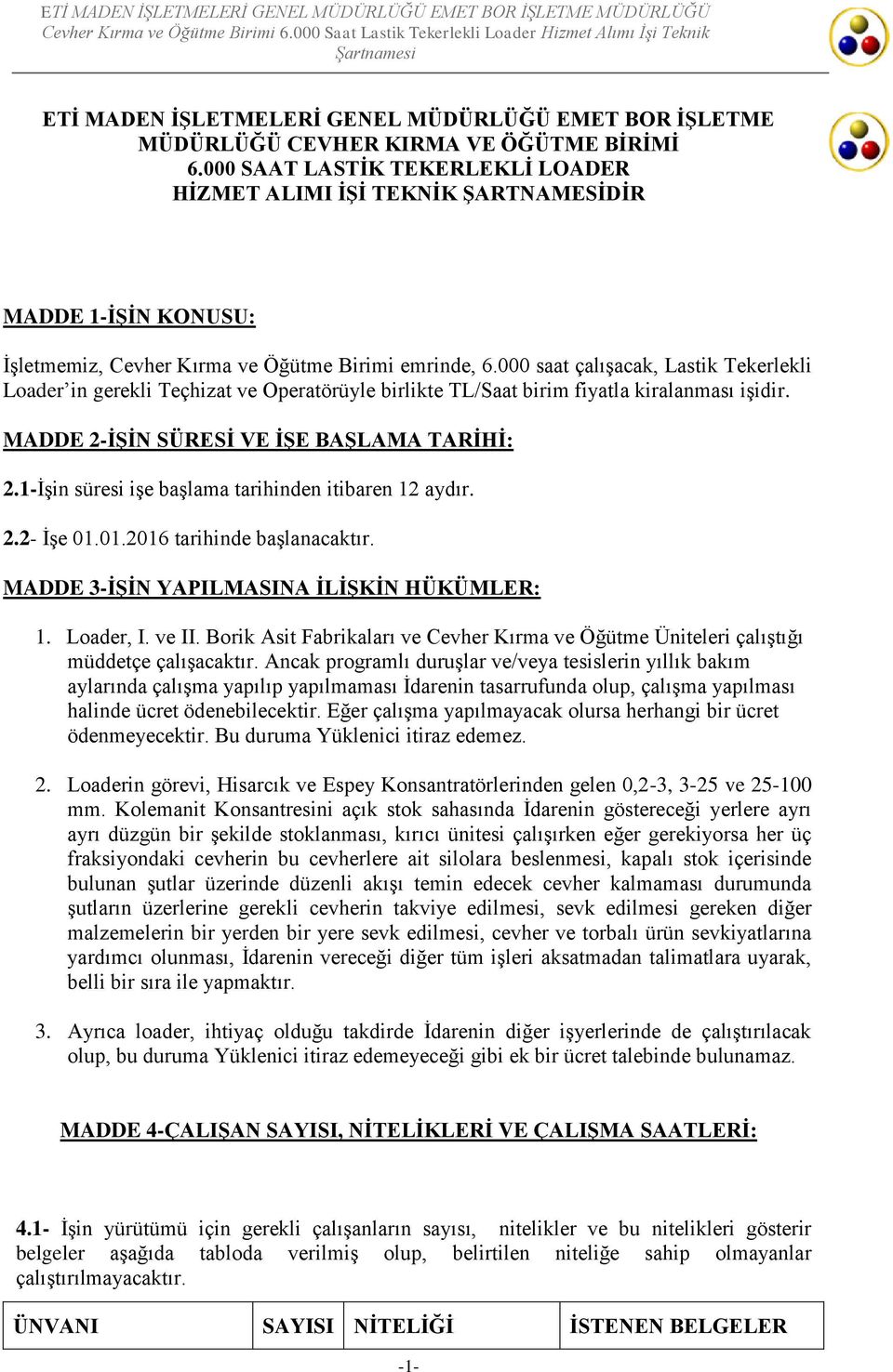 000 saat çalışacak, Lastik Tekerlekli Loader in gerekli Teçhizat ve Operatörüyle birlikte TL/Saat birim fiyatla kiralanması işidir. MADDE 2-İŞİN SÜRESİ VE İŞE BAŞLAMA TARİHİ: 2.