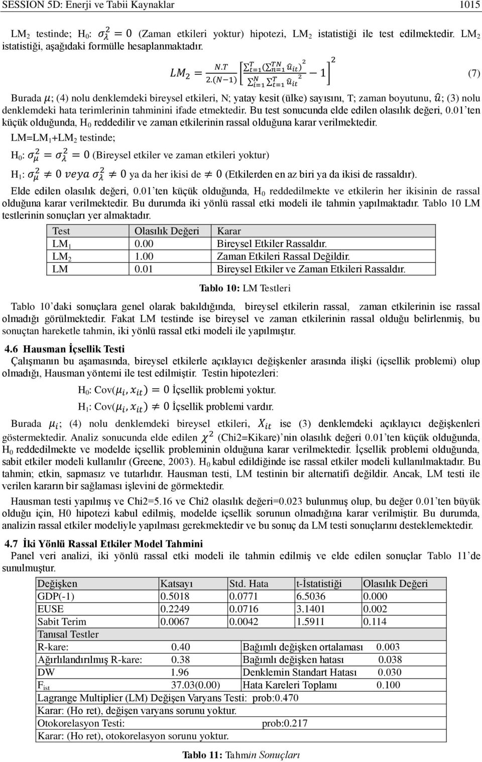 (N 1) N T 2 i=1 t=1 u it Burada μ; (4) nolu denklemdeki bireysel etkileri, N; yatay kesit (ülke) sayısını, T; zaman boyutunu, u ; (3) nolu denklemdeki hata terimlerinin tahminini ifade etmektedir.