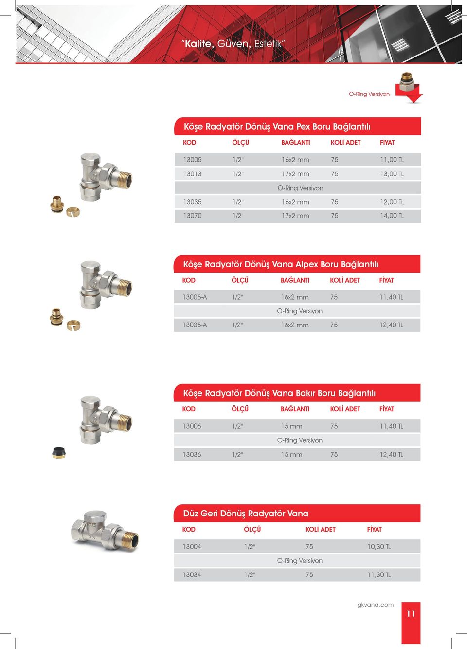 13005-A 1/2" 16x2 mm 75 11,40 TL 13035-A 1/2" 16x2 mm 75 12,40 TL Köşe Radyatör Dönüş Vana Bakır Boru Bağlantılı 13006 1/2"