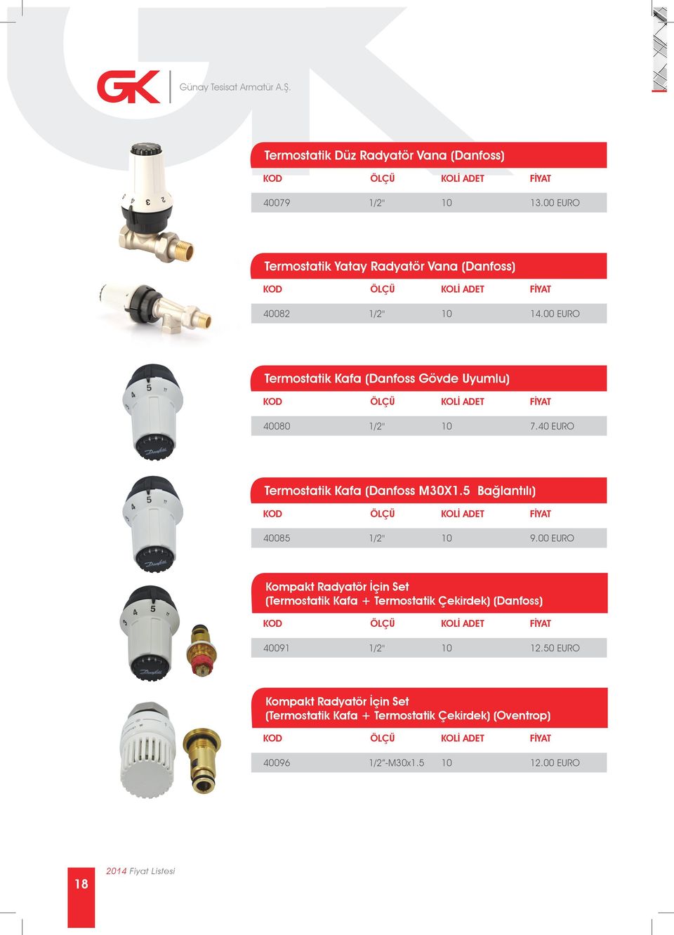 40 EURO Termostatik Kafa (Danfoss M30X1.5 Bağlantılı) 40085 1/2" 10 9.