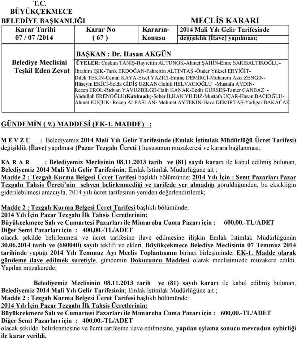 bağlanması; KA R A R : Belediyemiz Meclisinin 08.11.