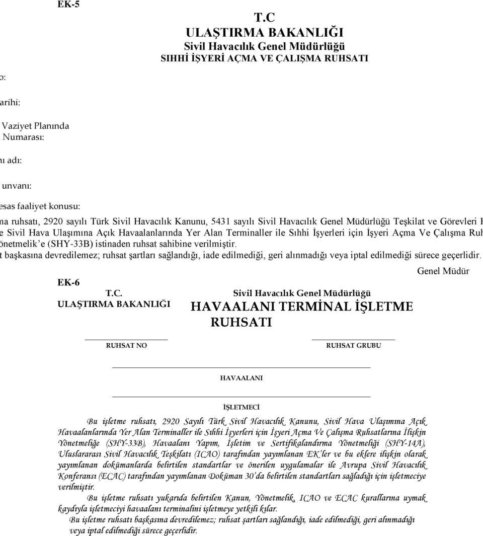 Havacılık Kanunu, 5431 sayılı Sivil Havacılık Genel Müdürlüğü Teşkilat ve Görevleri H Sivil Hava Ulaşımına Açık Havaalanlarında Yer Alan Terminaller ile Sıhhi İşyerleri için İşyeri Açma Ve Çalışma