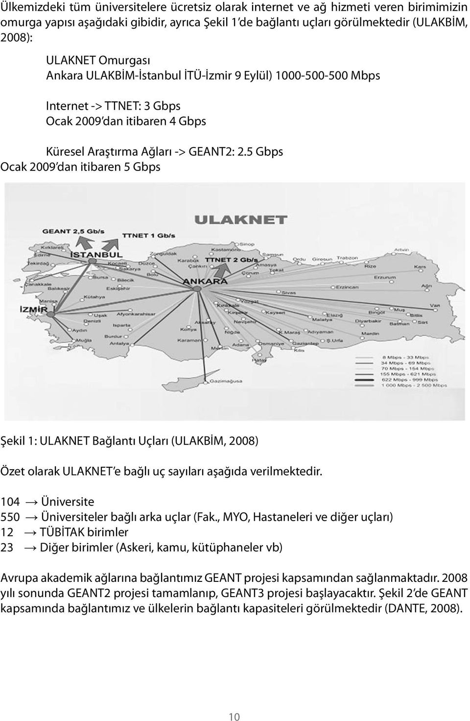 5 Gbps Ocak 2009 dan itibaren 5 Gbps Şekil 1: ULAKNET Bağlantı Uçları (ULAKBİM, 2008) Özet olarak ULAKNET e bağlı uç sayıları aşağıda verilmektedir.