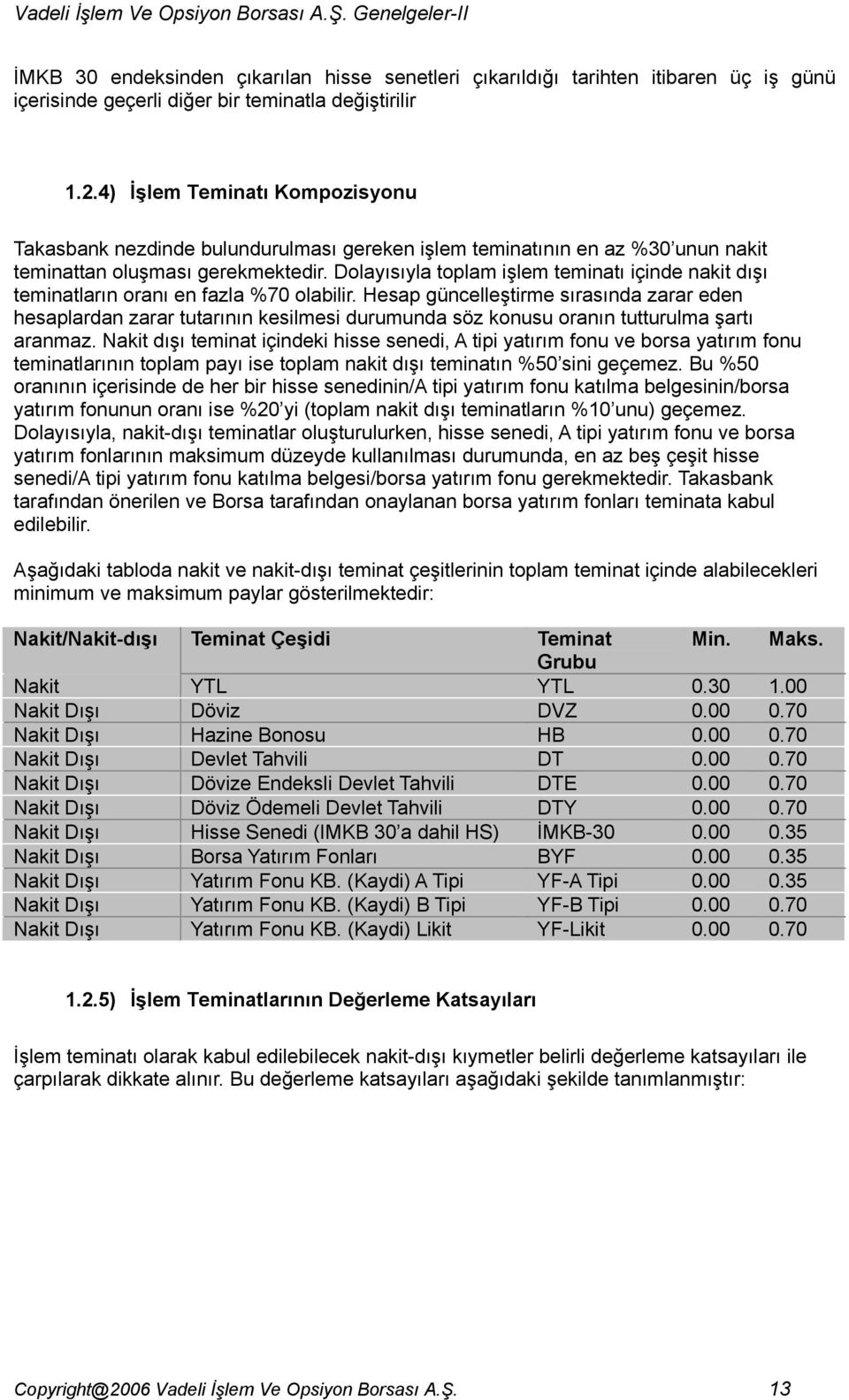 Dolayısıyla toplam işlem teminatı içinde nakit dışı teminatların oranı en fazla %70 olabilir.