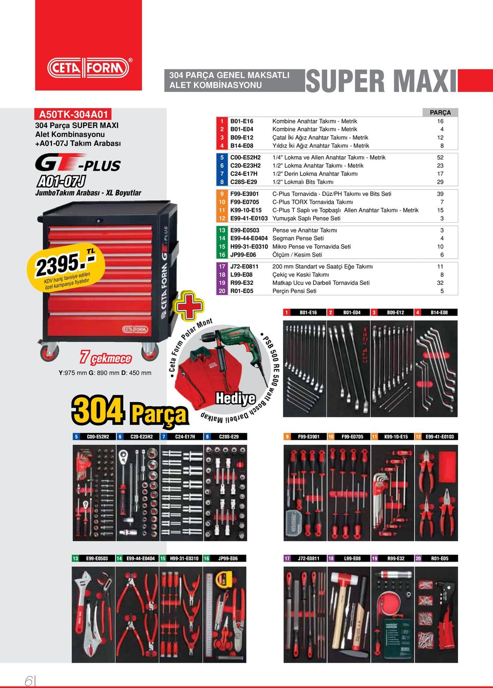 C00-E52H2 1/4'' Lokma ve Allen Anahtar Takımı - Metrik 52 6 C20-E23H2 1/2'' Lokma Anahtar Takımı - Metrik 23 7 C24-E17H 1/2" Derin Lokma Anahtar Takımı 17 8 C28S-E29 1/2'' Lokmalı Bits Takımı 29 9