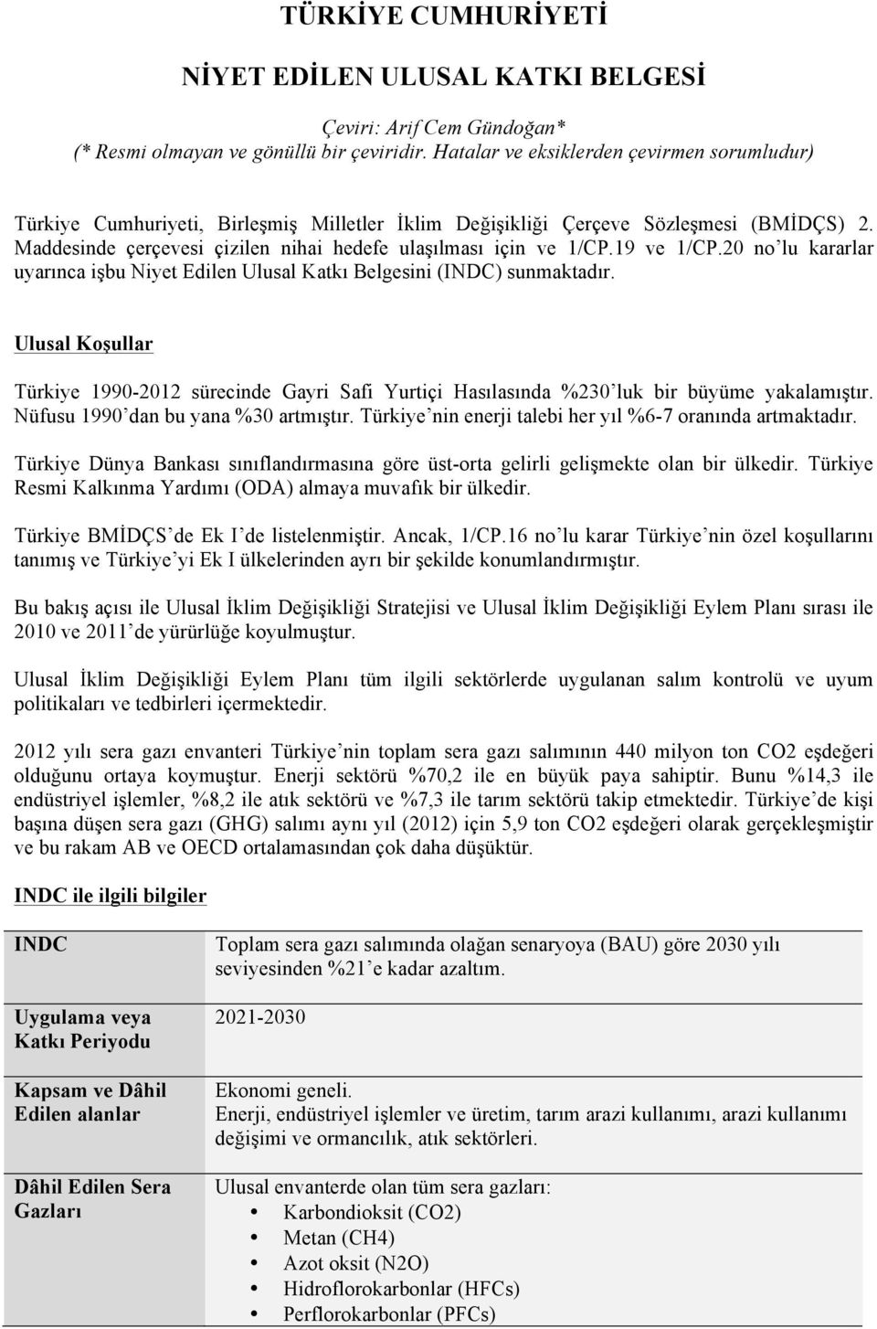 19 ve 1/CP.20 no lu kararlar uyarınca işbu Niyet Edilen Ulusal Katkı Belgesini (INDC) sunmaktadır.