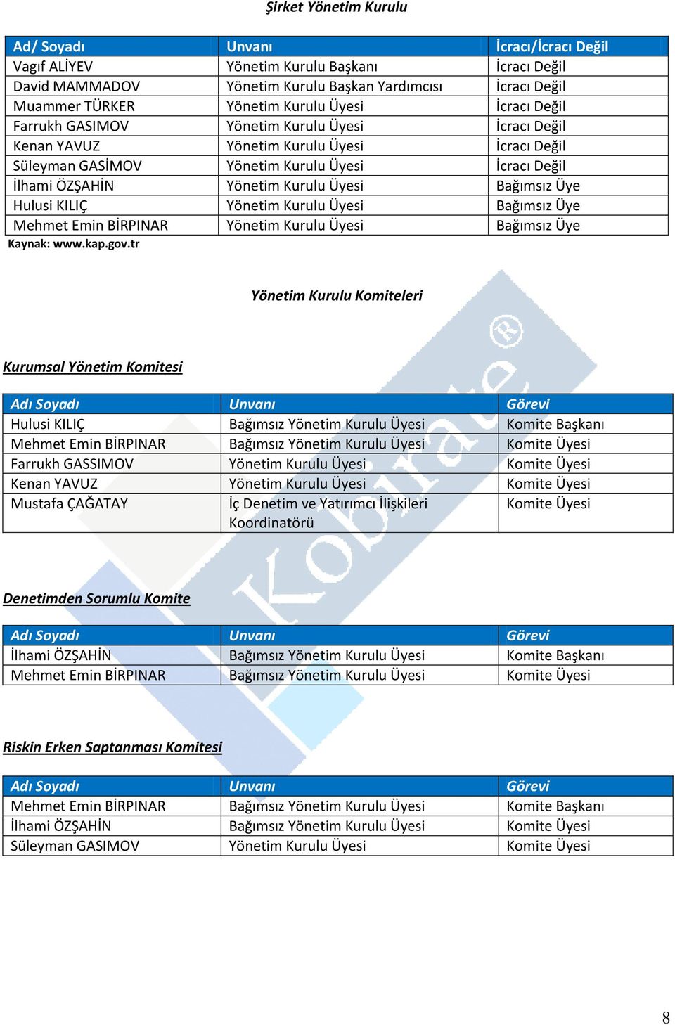 Üyesi Bağımsız Üye Hulusi KILIÇ Yönetim Kurulu Üyesi Bağımsız Üye Mehmet Emin BİRPINAR Yönetim Kurulu Üyesi Bağımsız Üye Kaynak: www.kap.gov.