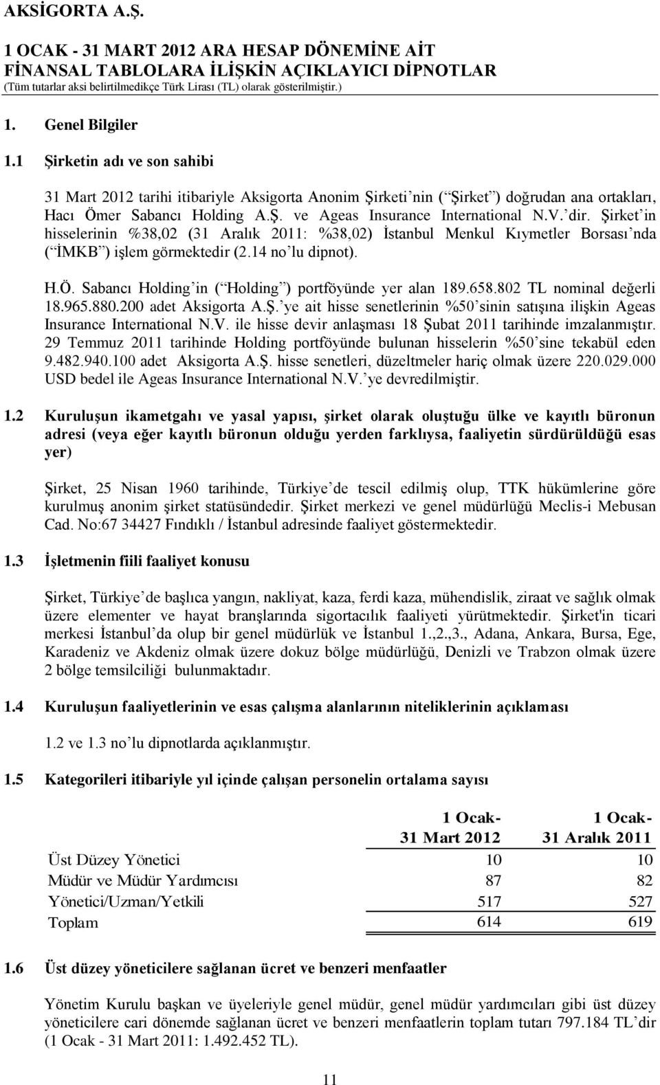 Sabancı Holding in ( Holding ) portföyünde yer alan 189.658.802 TL nominal değerli 18.965.880.200 adet Aksigorta A.ġ.