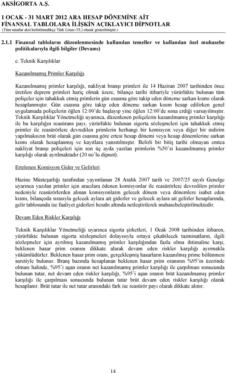 tarihi itibariyle yürürlükte bulunan tüm poliçeler için tahakkuk etmiģ primlerin gün esasına göre takip eden döneme sarkan kısmı olarak hesaplanmıģtır.