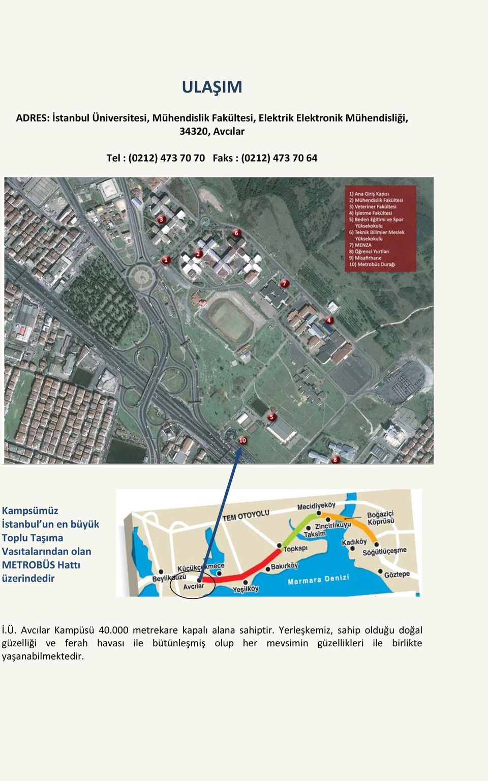 METROBÜS Hattı üzerindedir İ.Ü. Avcılar Kampüsü 40.000 metrekare kapalı alana sahiptir.