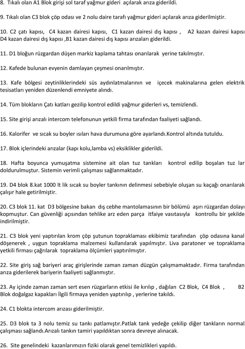 D1 bloğun rüzgardan düşen markiz kaplama tahtası onarılarak yerine takılmıştır. 12. Kafede bulunan evyenin damlayan çeşmesi onarılmıştır. 13.