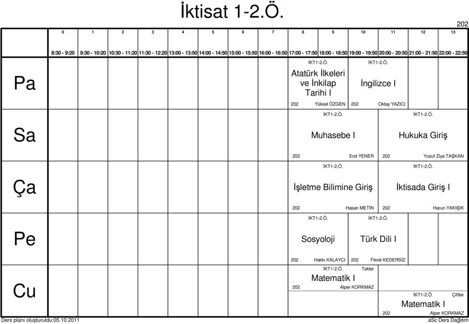 Ö. Sosyoloji KT-.Ö. Türk Dili I Ders plan olu turuldu:0..0 0 0 Hakk KALAYCI 0 KT-.Ö. Matematik I Tekler Alper KORKMAZ Fikret KEDERS Z 0 KT-.