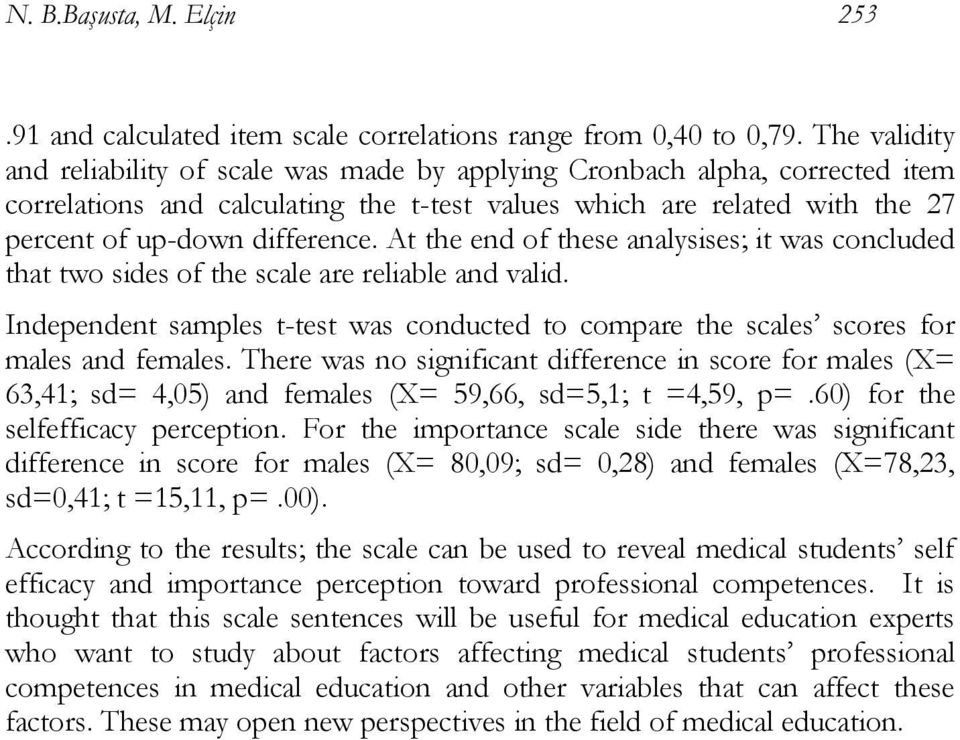 At the end of these analysises; it was concluded that two sides of the scale are reliable and valid. Independent samples t-test was conducted to compare the scales scores for males and females.