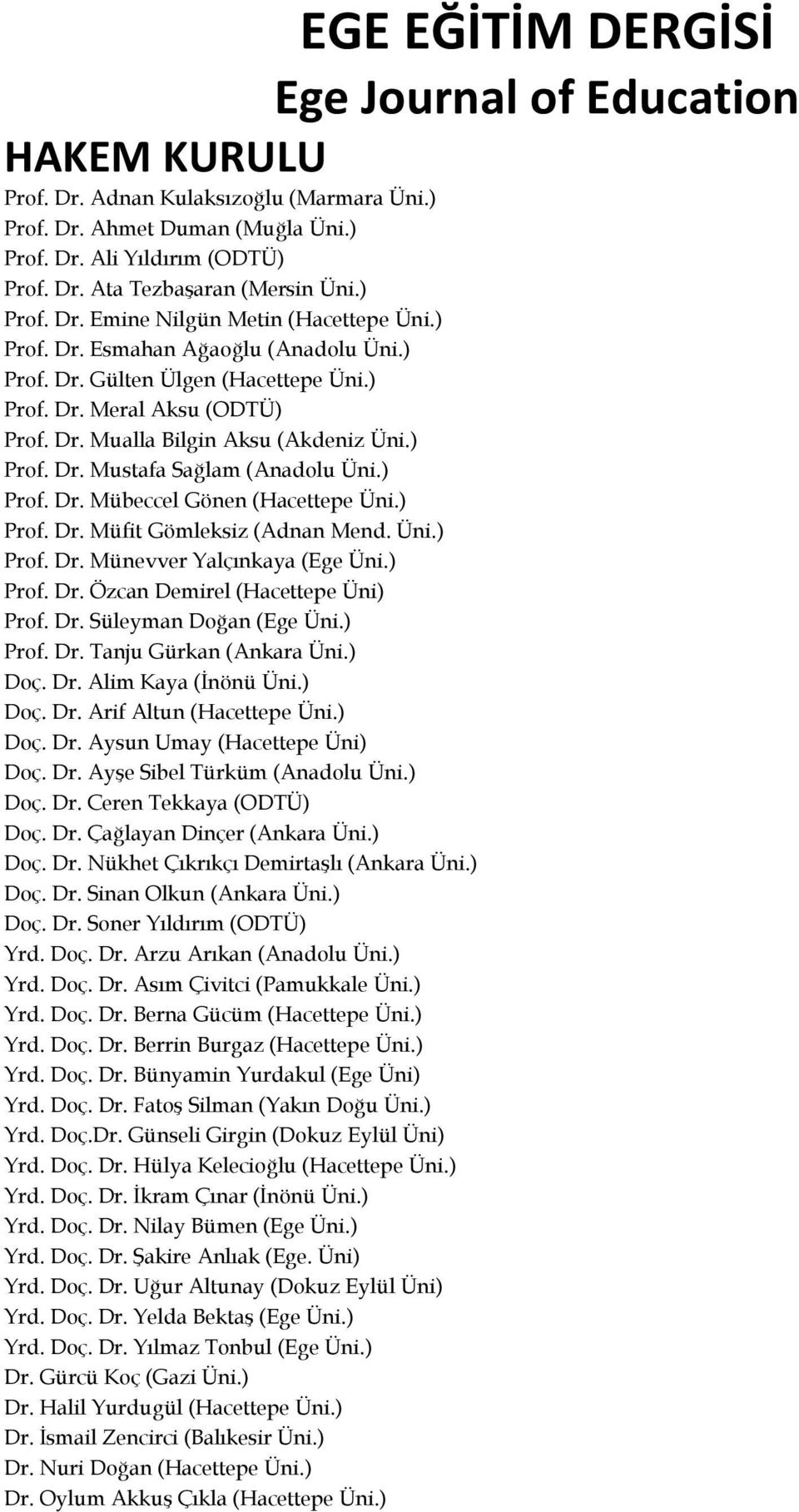 ) Prof. Dr. Mustafa Sağlam (Anadolu Üni.) Prof. Dr. Mübeccel Gönen (Hacettepe Üni.) Prof. Dr. Müfit Gömleksiz (Adnan Mend. Üni.) Prof. Dr. Münevver Yalçınkaya (Ege Üni.) Prof. Dr. Özcan Demirel (Hacettepe Üni) Prof.