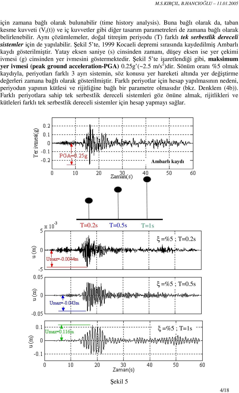 Aynı çözümlemeler, doğal titreşim periyodu (T) farklı tek serbestlik dereceli sistemler için de yapılabilir. Şekil 5 te, 1999 Kocaeli depremi sırasında kaydedilmiş Ambarlı kaydı gösterilmiştir.