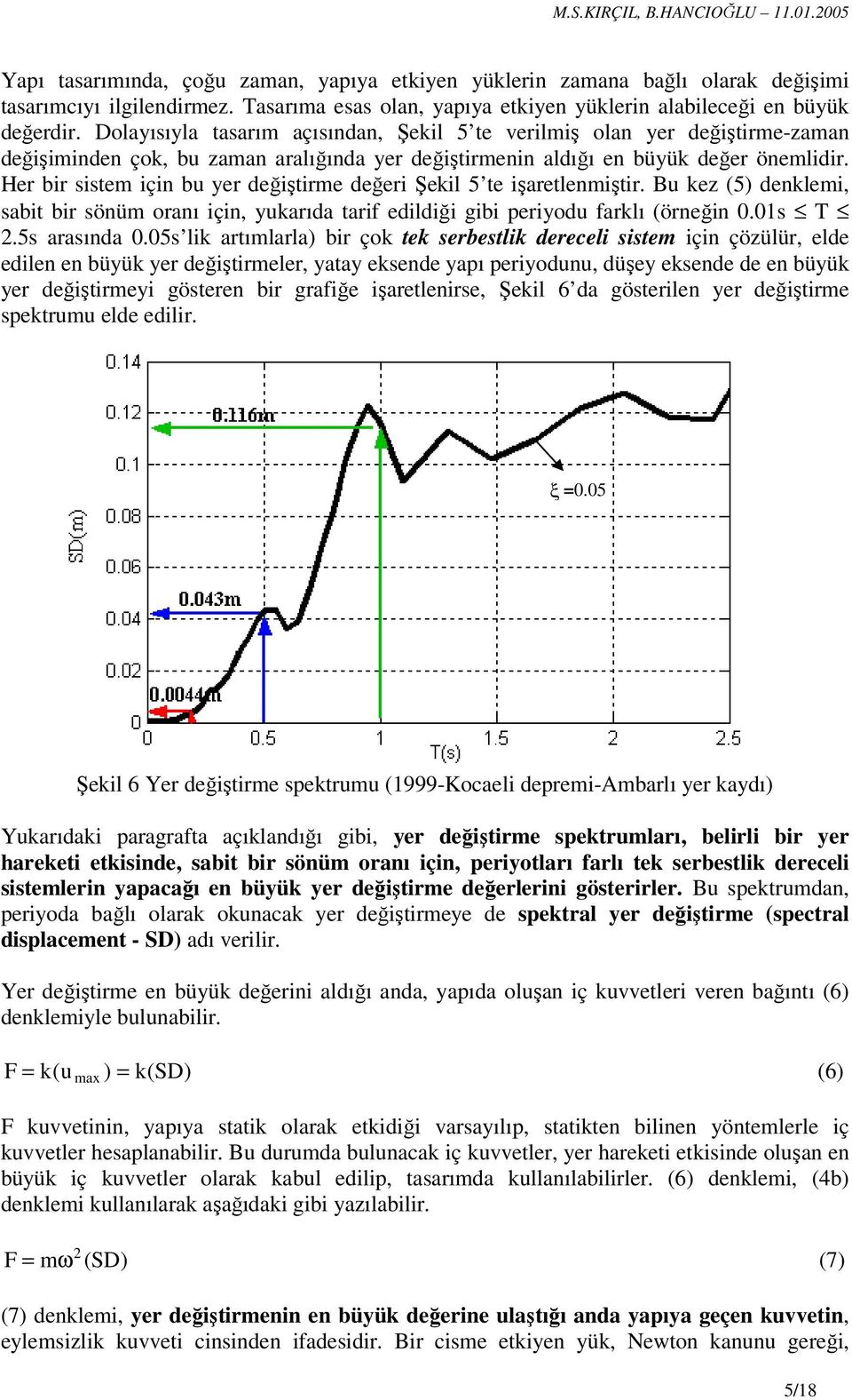 Her bir sistem için bu yer değiştirme değeri Şekil 5 te işaretlenmiştir. Bu kez (5) denklemi, sabit bir sönüm oranı için, yukarıda tarif edildiği gibi periyodu farklı (örneğin 0.01s T.5s arasında 0.