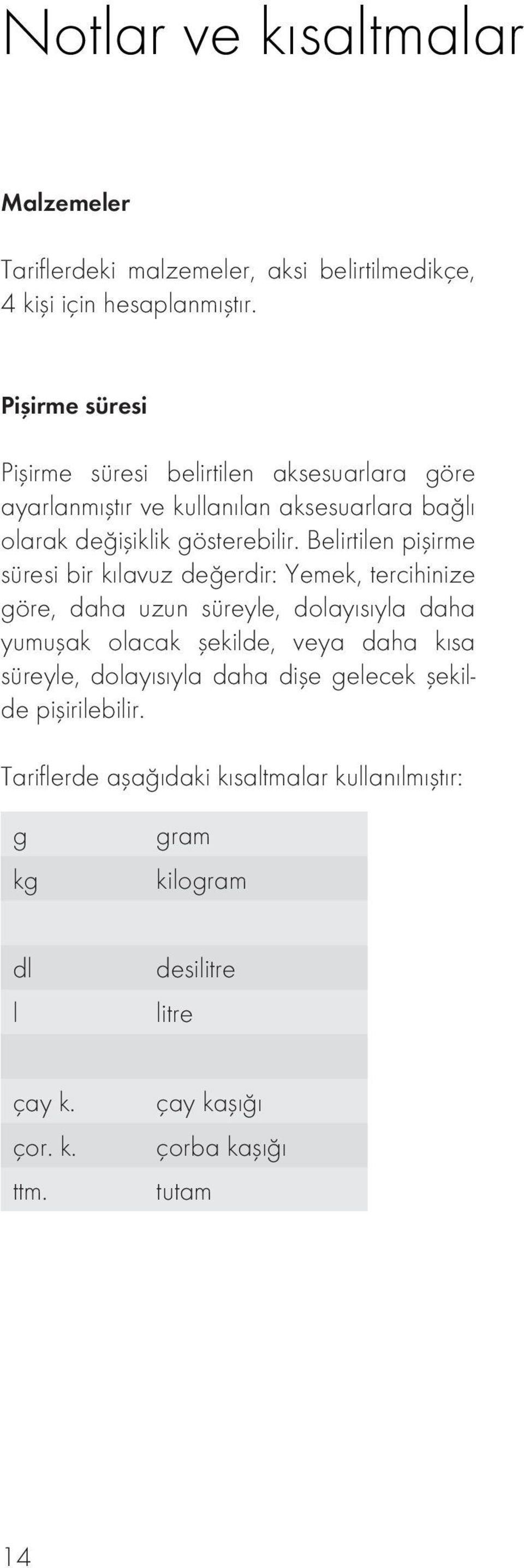 Belirtilen pişirme süresi bir kılavuz değerdir: Yemek, tercihinize göre, daha uzun süreyle, dolayısıyla daha yumuşak olacak şekilde, veya daha kısa