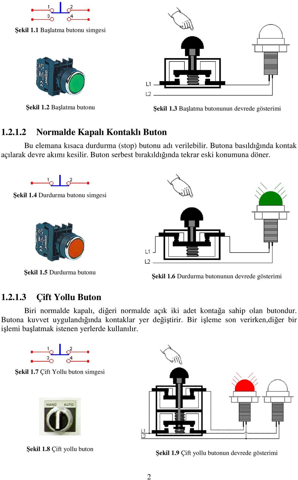 6 Durdurma butonunun devrede gösterimi 1.2.1.3 Çift Yollu Buton Biri normalde kapalı, diğeri normalde açık iki adet kontağa sahip olan butondur.