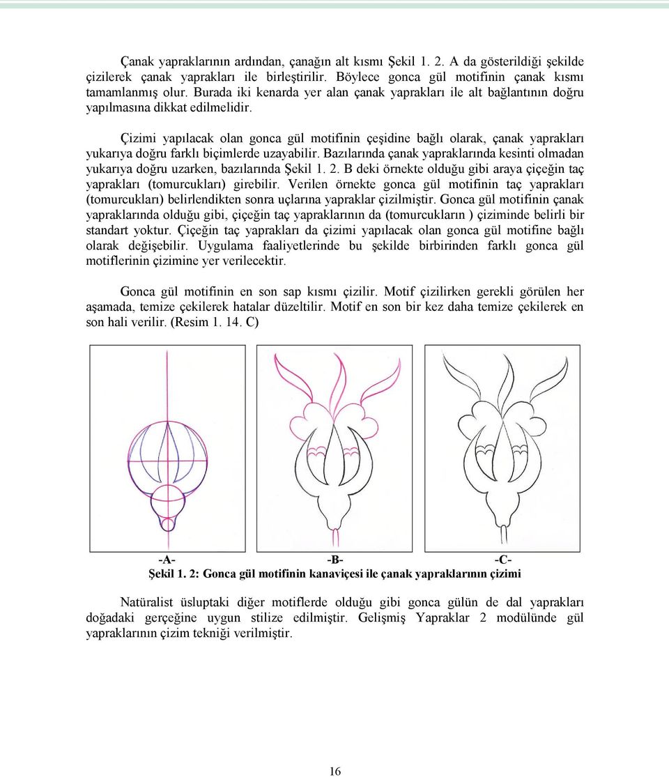 Çizimi yapılacak olan gonca gül motifinin çeşidine bağlı olarak, çanak yaprakları yukarıya doğru farklı biçimlerde uzayabilir.