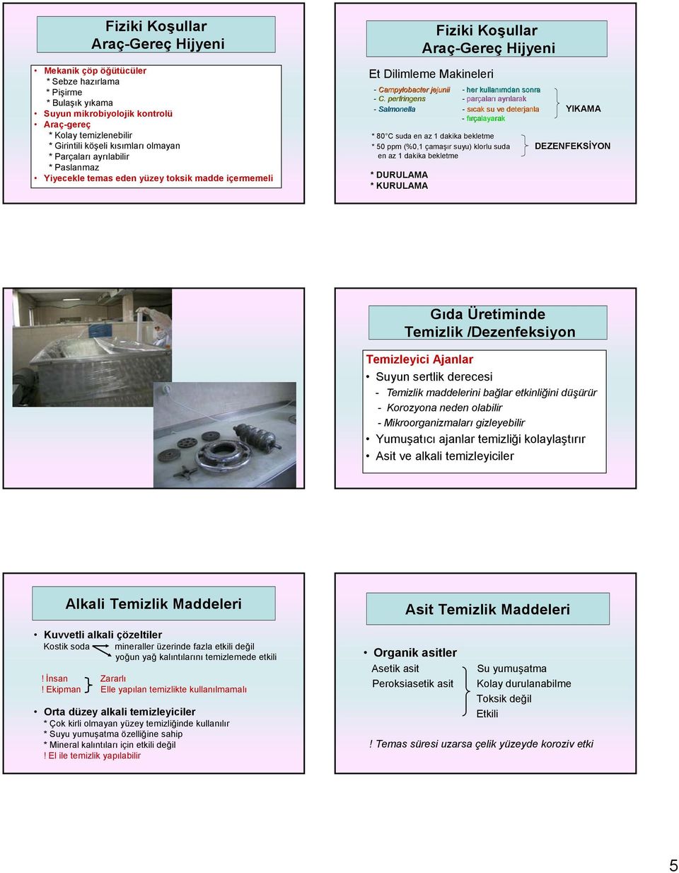 perfringens - Salmonella - her kullanımdan sonra - parçaları ayrılarak - sıcak su ve deterjanla - fırçalayarak YIKAMA * 80 C suda en az 1 dakika bekletme * 50 ppm (%0,1 çamaşır suyu) klorlu suda