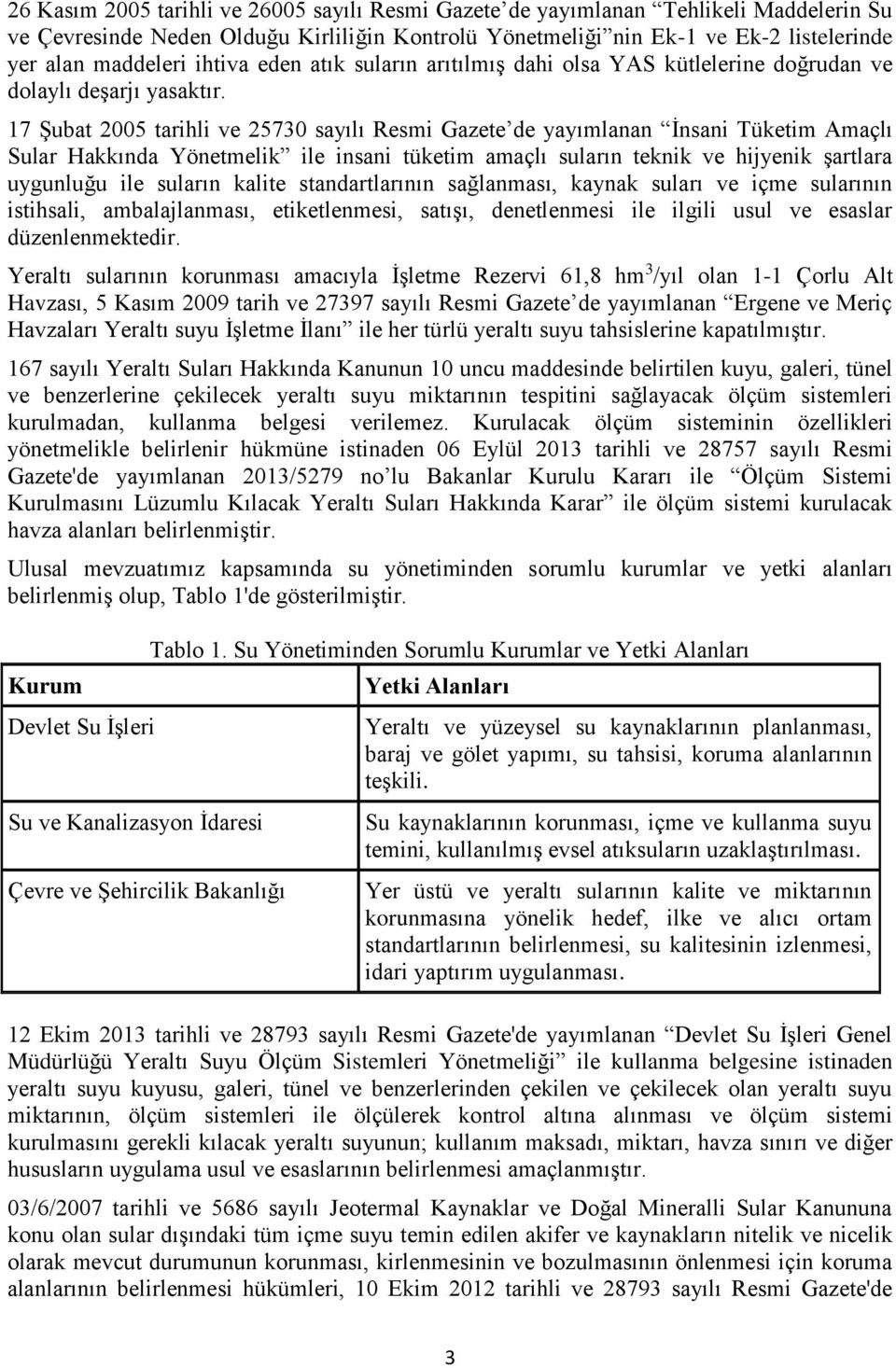 17 Şubat 2005 tarihli ve 25730 sayılı Resmi Gazete de yayımlanan İnsani Tüketim Amaçlı Sular Hakkında Yönetmelik ile insani tüketim amaçlı suların teknik ve hijyenik şartlara uygunluğu ile suların