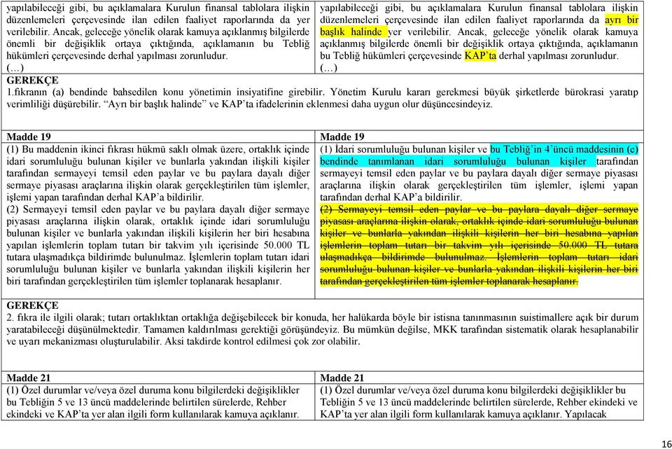 yapılabileceği gibi, bu açıklamalara Kurulun finansal tablolara ilişkin düzenlemeleri çerçevesinde ilan edilen faaliyet raporlarında da ayrı bir başlık halinde yer verilebilir.