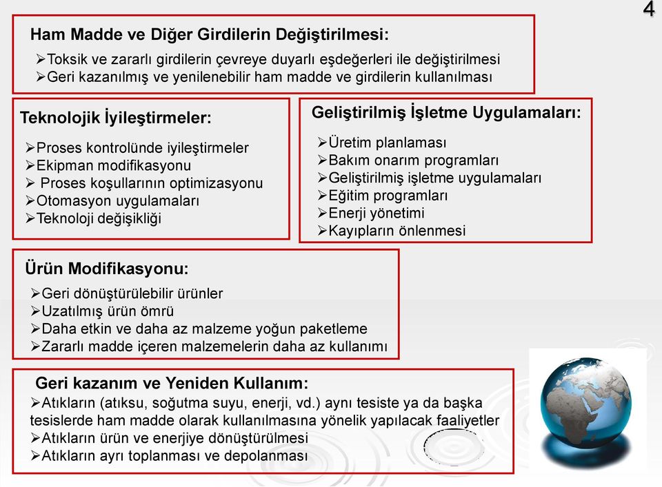 Üretim planlaması Bakım onarım programları Geliştirilmiş işletme uygulamaları Eğitim programları Enerji yönetimi Kayıpların önlenmesi Ürün Modifikasyonu: Geri dönüştürülebilir ürünler Uzatılmış ürün