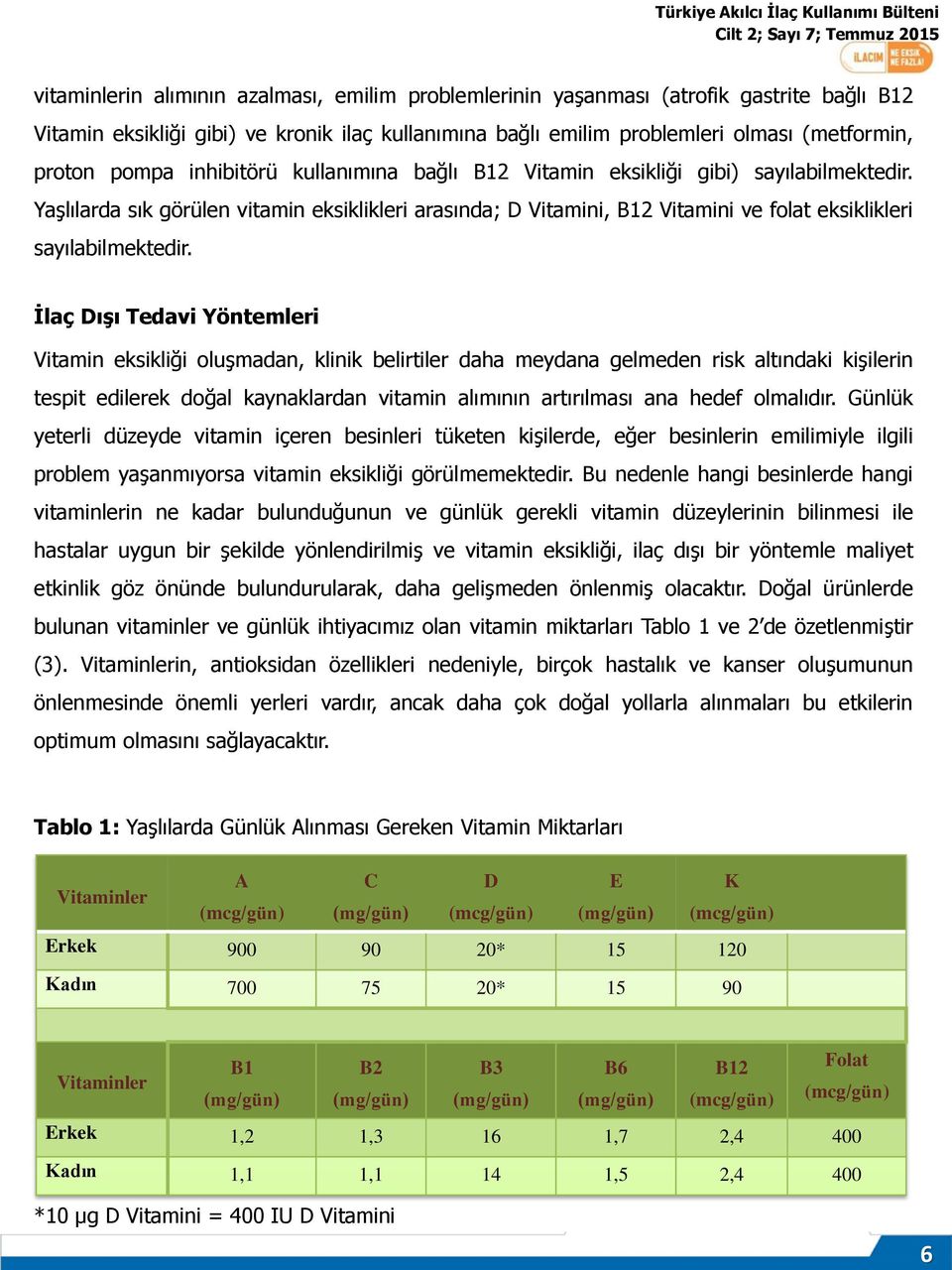 İlaç Dışı Tedavi Yöntemleri Vitamin eksikliği oluşmadan, klinik belirtiler daha meydana gelmeden risk altındaki kişilerin tespit edilerek doğal kaynaklardan vitamin alımının artırılması ana hedef